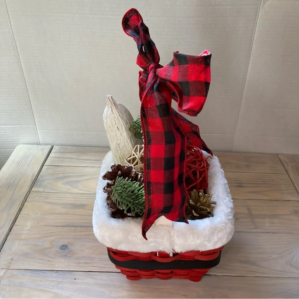 SANTA CLAUSE Holiday Basket with Fillers Orbs Big Red Checkered Bow 12 x 7 x 7
